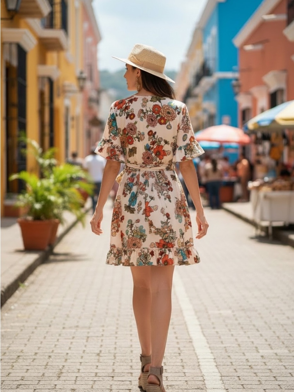 NEW Vintage Floral Print Cream Mock Wrap Ruffle Dress Sash Waist Women Small - Picture 3 of 8